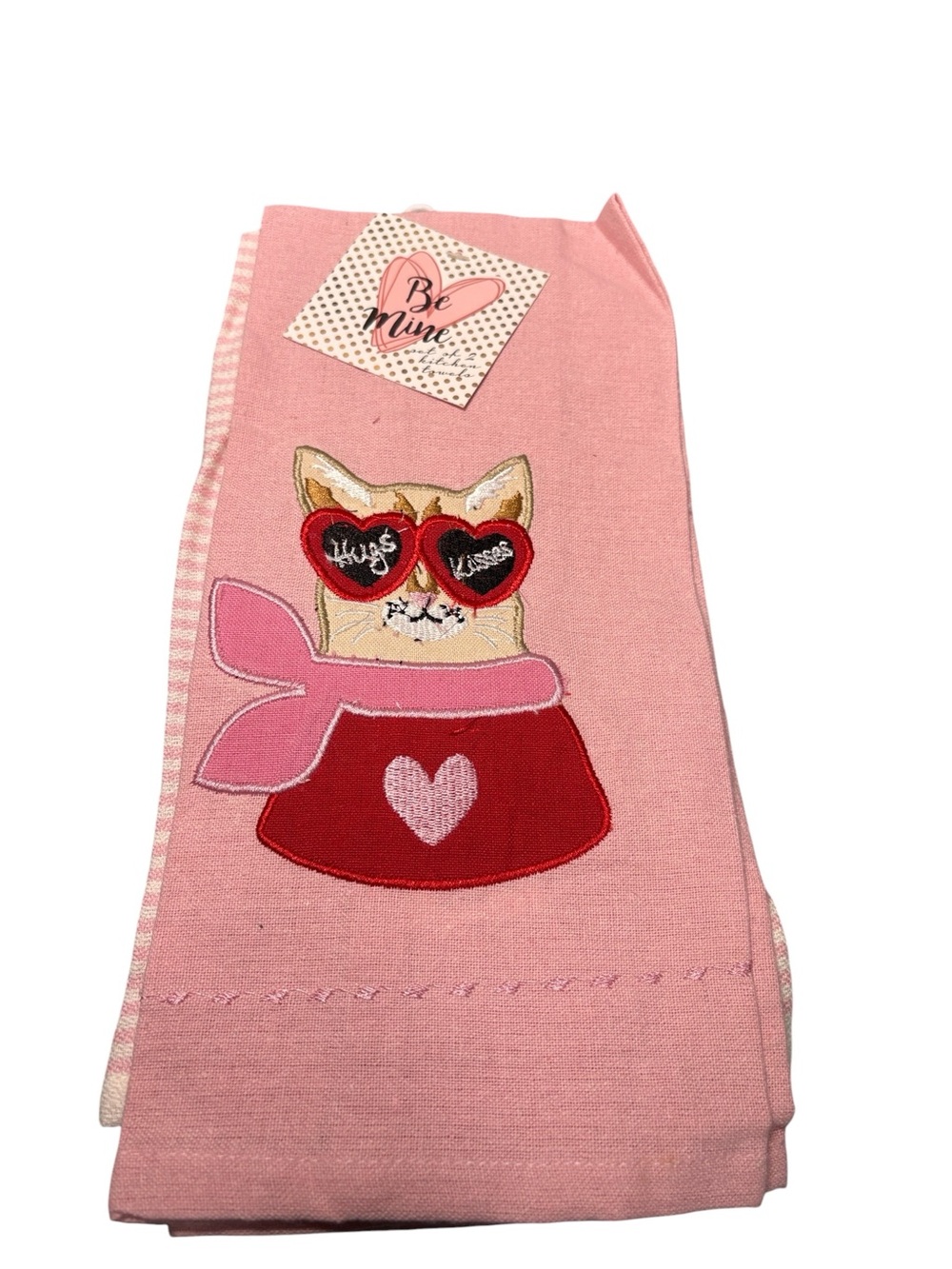 Be Mine Valentine Cat Heart Sunglasses Embroidered Kitchen Towel Set 2 NWT